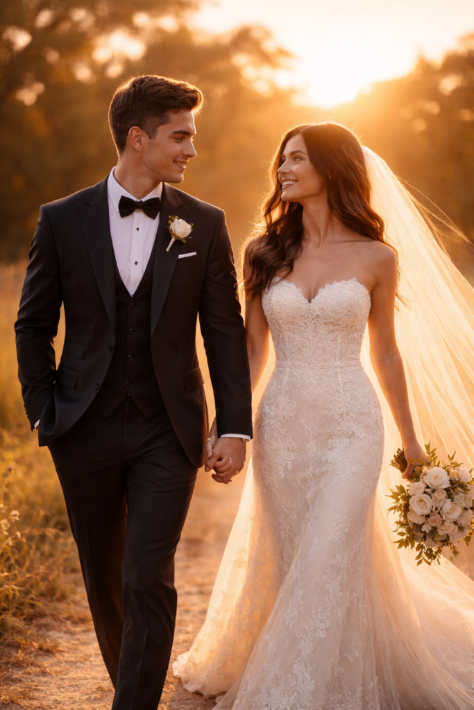 AI Prompt for Wedding Portraits Golden Hour Slow Motion Couple Portrait