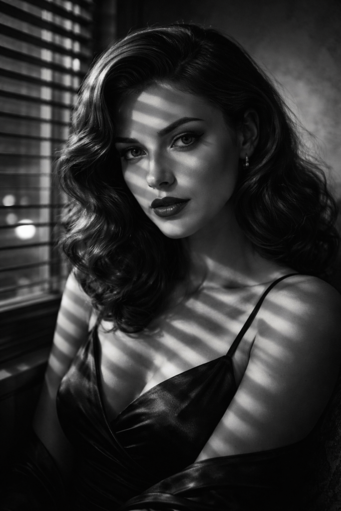 AI Prompts for Black and White Portrait Femme Fatale Window Blind Shadow Portrait (Ultra-Realistic)