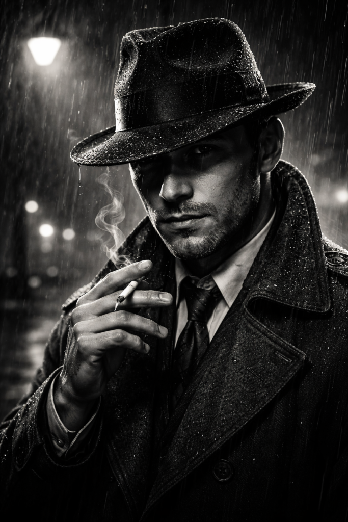 AI Prompts for Black and White Portrait Rain-Soaked Detective Close Up