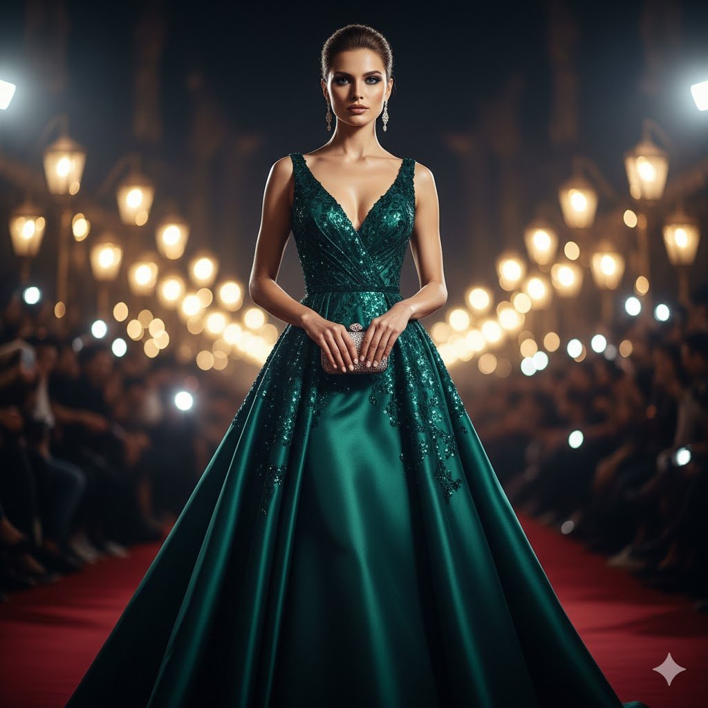 AI Prompts for High Fashion Editorial Photography of Dramatic Red Carpet Cinematic Portrait (Award Night Glam)
