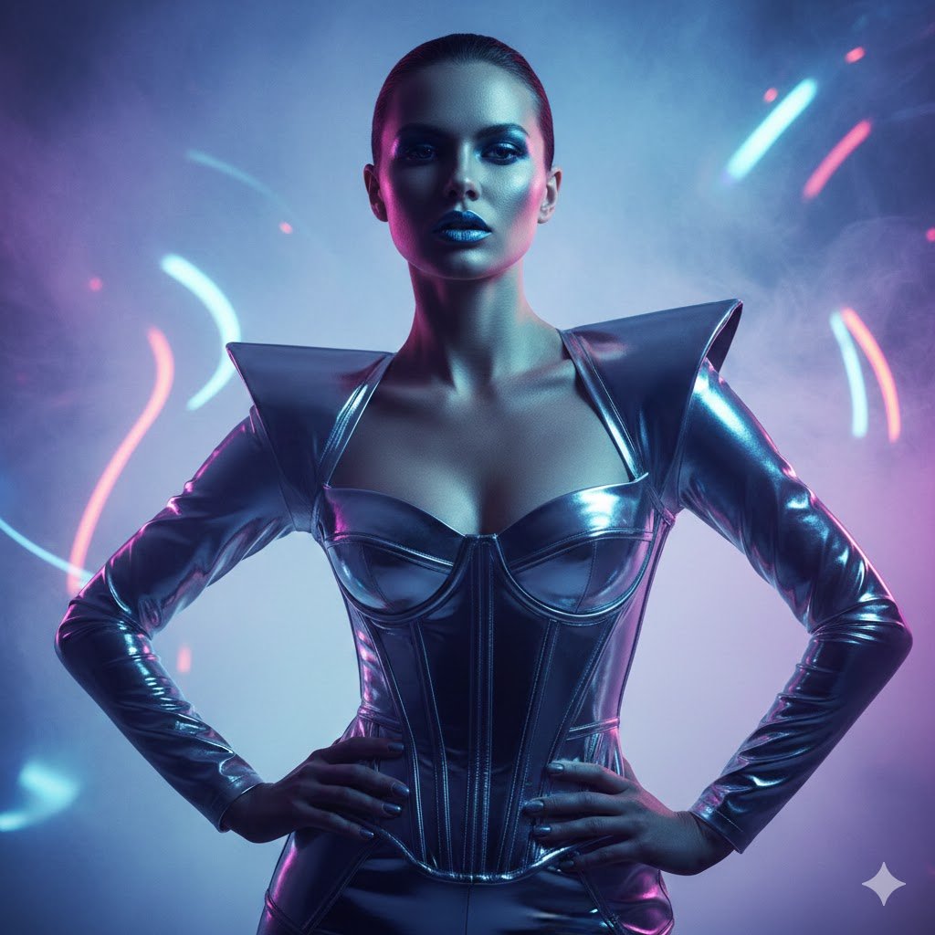 AI Prompts for High Fashion Editorial Photography of Futuristic Chrome Couture Portrait (Cyber-Luxury Editorial)