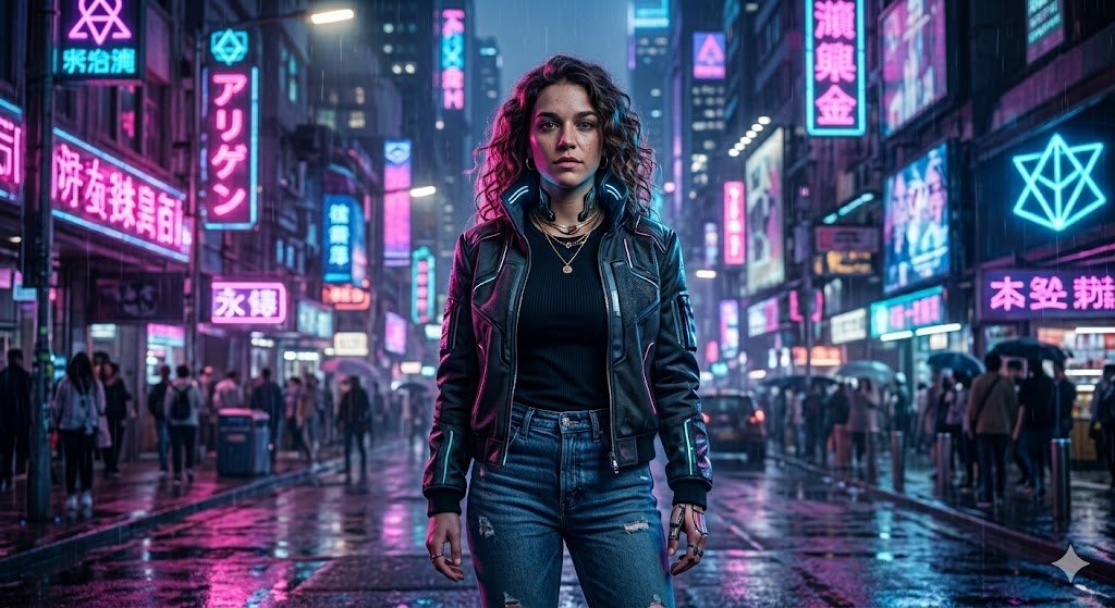 AI Prompts for Street Style Photography of Neon Night Cyberpunk Street Portrait