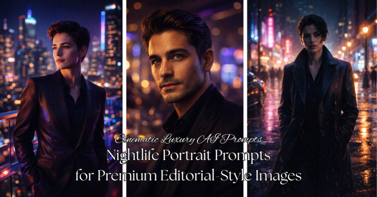 3 Cinematic Luxury AI Nightlife Portrait Prompts for Premium Editorial-Style Images