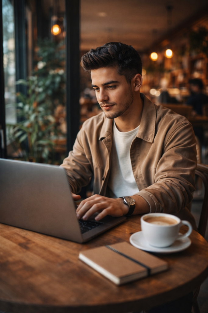 AI Prompts for Coffee Shop Aesthetic Pictures Trendy Laptop Creator Coffee Shop Portrait