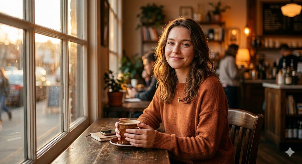 AI Prompts for Coffee Shop Aesthetic Pictures of Golden Hour Window Glow Portrait