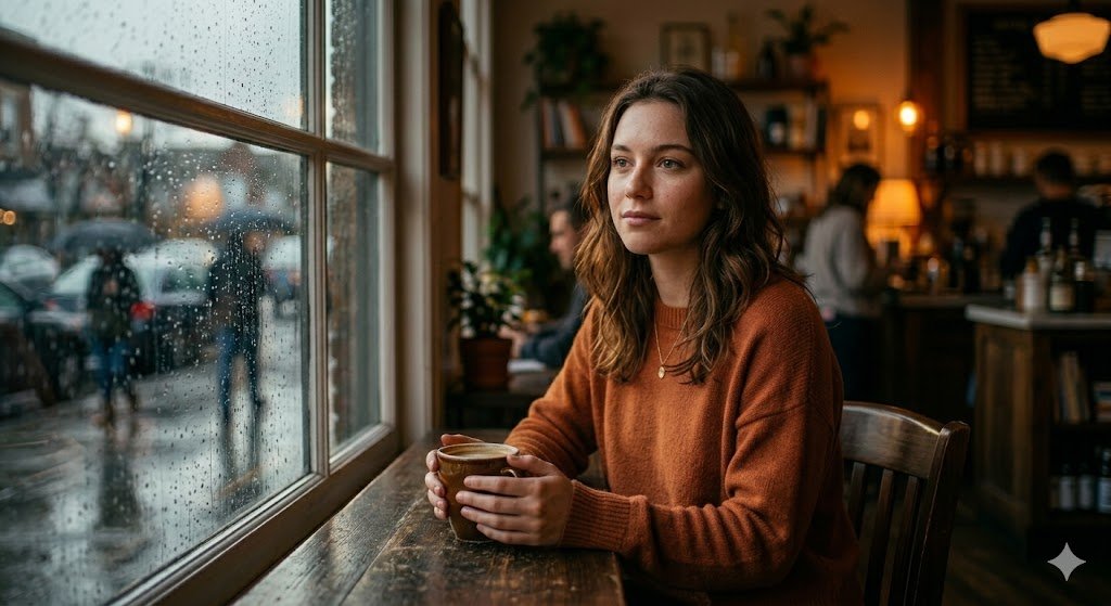 AI Prompts for Coffee Shop Aesthetic Pictures of Moody Rainy Café Cinematic Portrait