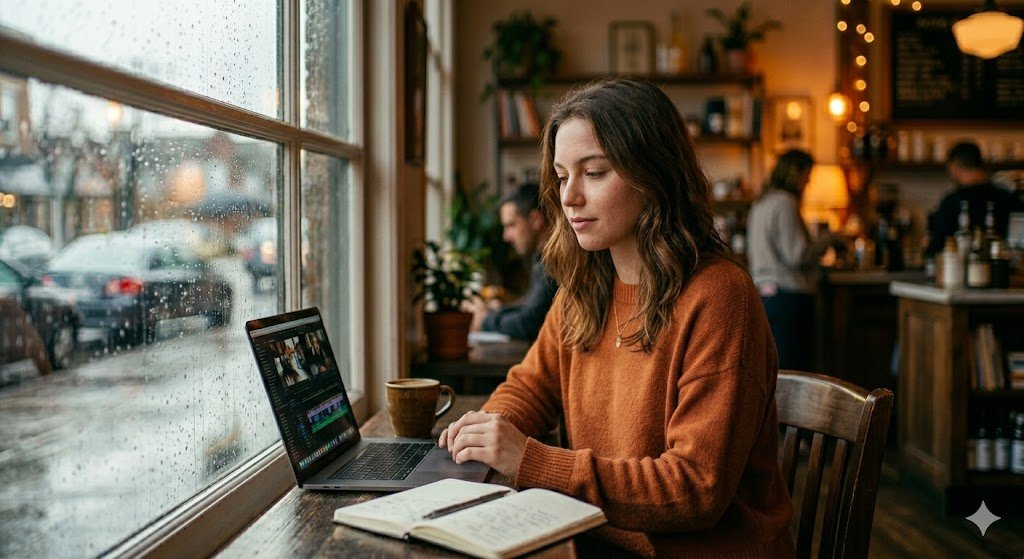 AI Prompts for Coffee Shop Aesthetic Pictures of Trendy Laptop Creator Coffee Shop Portrait