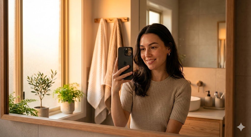 Mirror Selfie Prompt of Golden Hour Bathroom Mirror Selfie