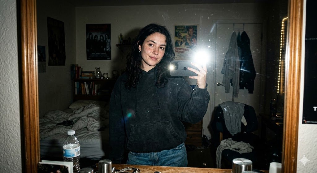 Mirror Selfie Prompt of Moody Flash Night Mirror Selfie